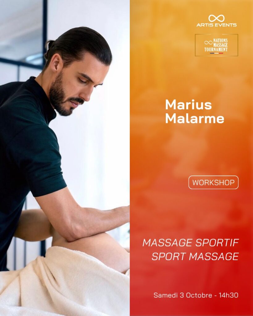 Marius Malarme giving a sports massage workshop, Nations Massage Tournament 2026